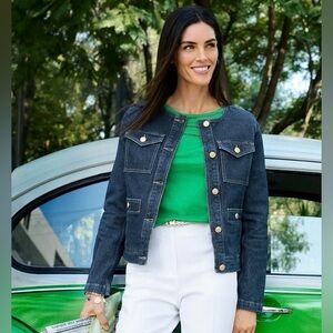 Talbots Button Cuff Jean Jacket Rinse Wash | Collarless Denim | Size Large